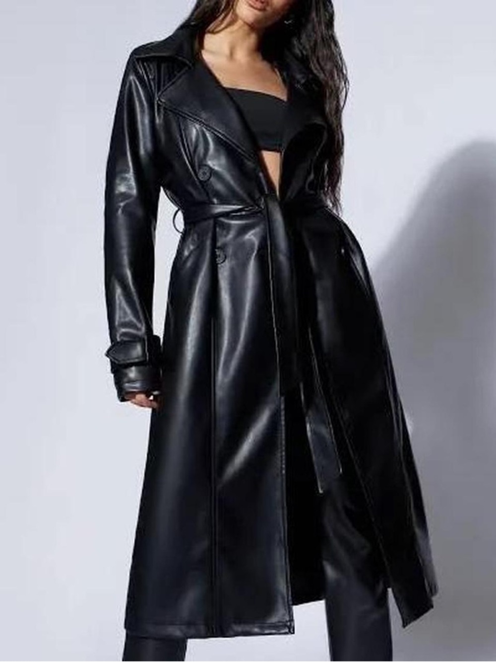 NWT Meshki Black Faux Leather Long Trench Coat